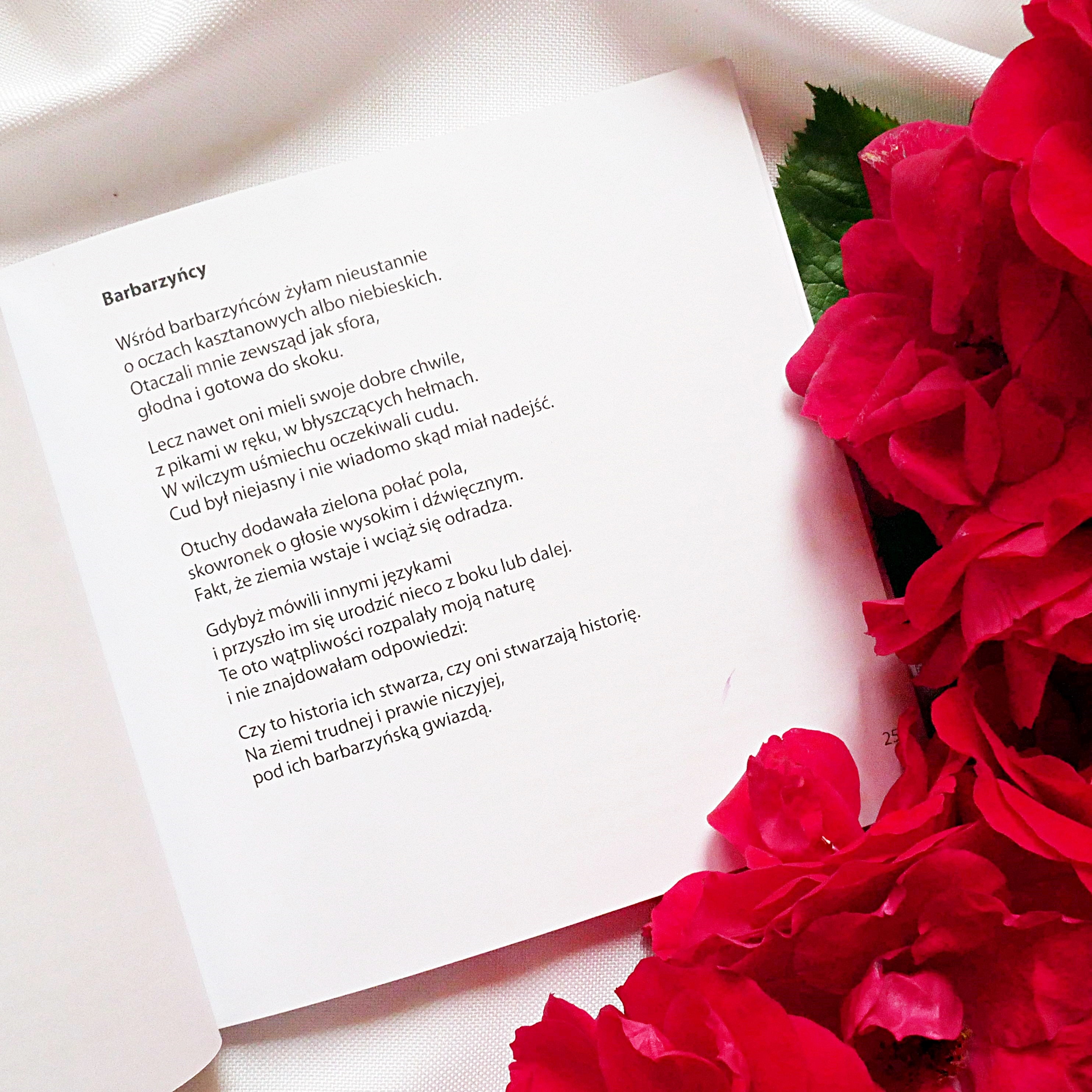 Wiersz „Barbarzyńcy” z tomiku „Pasterze dolin” Elżbiety Jaszczuk Otwarty tomik poezji Elżbiety Jaszczuk „Pasterze dolin” na stronie z wierszem „Barbarzyńcy” w kompozycji z czerwonymi różami.