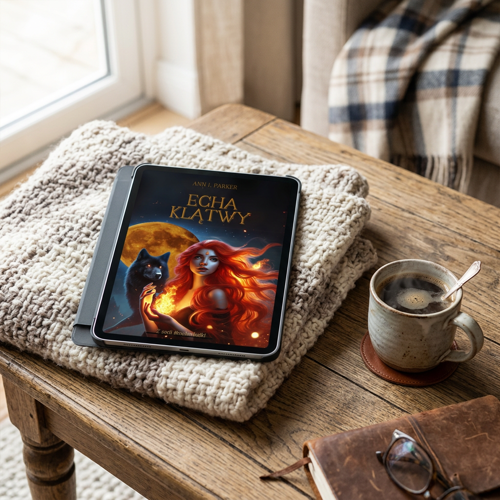 Ann Parker „Echa klątwy” - e-book w przytulnej aranżacji Tablet z okładką książki „Echa klątwy” Ann Parker na tle przytulnej aranżacji z kawą i kocem.