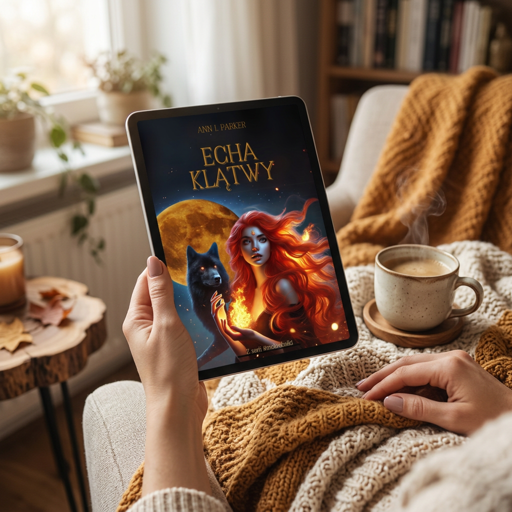 Recenzja książki Ann Parker „Echa klątwy” Dłonie trzymające tablet z okładką powieści „Echa klątwy” Ann Parker w przytulnym, domowym otoczeniu.